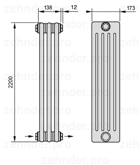 Схема (чертеж) Радиатор Zehnder Charleston 5220/3 №2670 Белый глянцевый RAL 9016